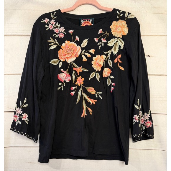 Johnny Was Tops - Johnny Was Black Cotton Floral Embroidered 3/4 Sleeve Top Medium Boho